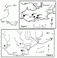 Figures 1 & 2.  Map of Wales showing the location of Neolithic tombs under study, with an enlarged map of the Gower peninsula (Fig 1) and Glamorgan and Gwent counties (Fig 2) (54 KB)