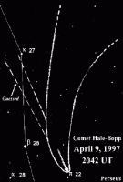 Sketch of the approximate visual limits of the comet's two tails on April 9th 1997 (11 KB)