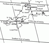 Map showing the track of totality across Cornwall on August 11th 1999 (12 KB)
