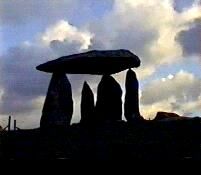 Pentre Ifan burial chamber, Pembrokeshire. Frame capture from a video filmed in November 1999 (22 KB)